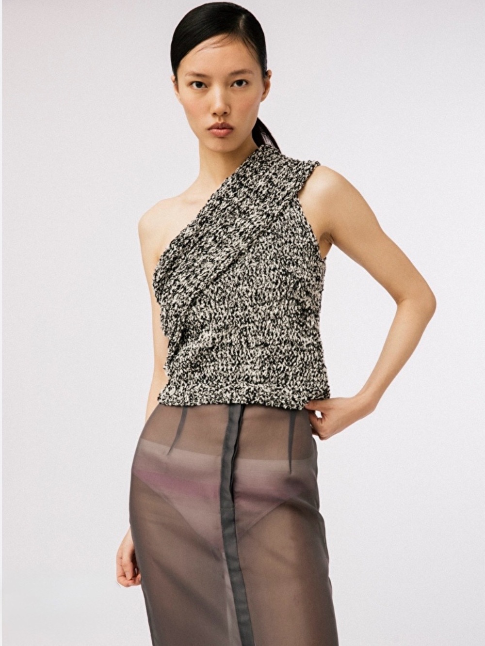 Zara Black White Chunky Knit Asymmetric One Shoulder Textured Top Size XS